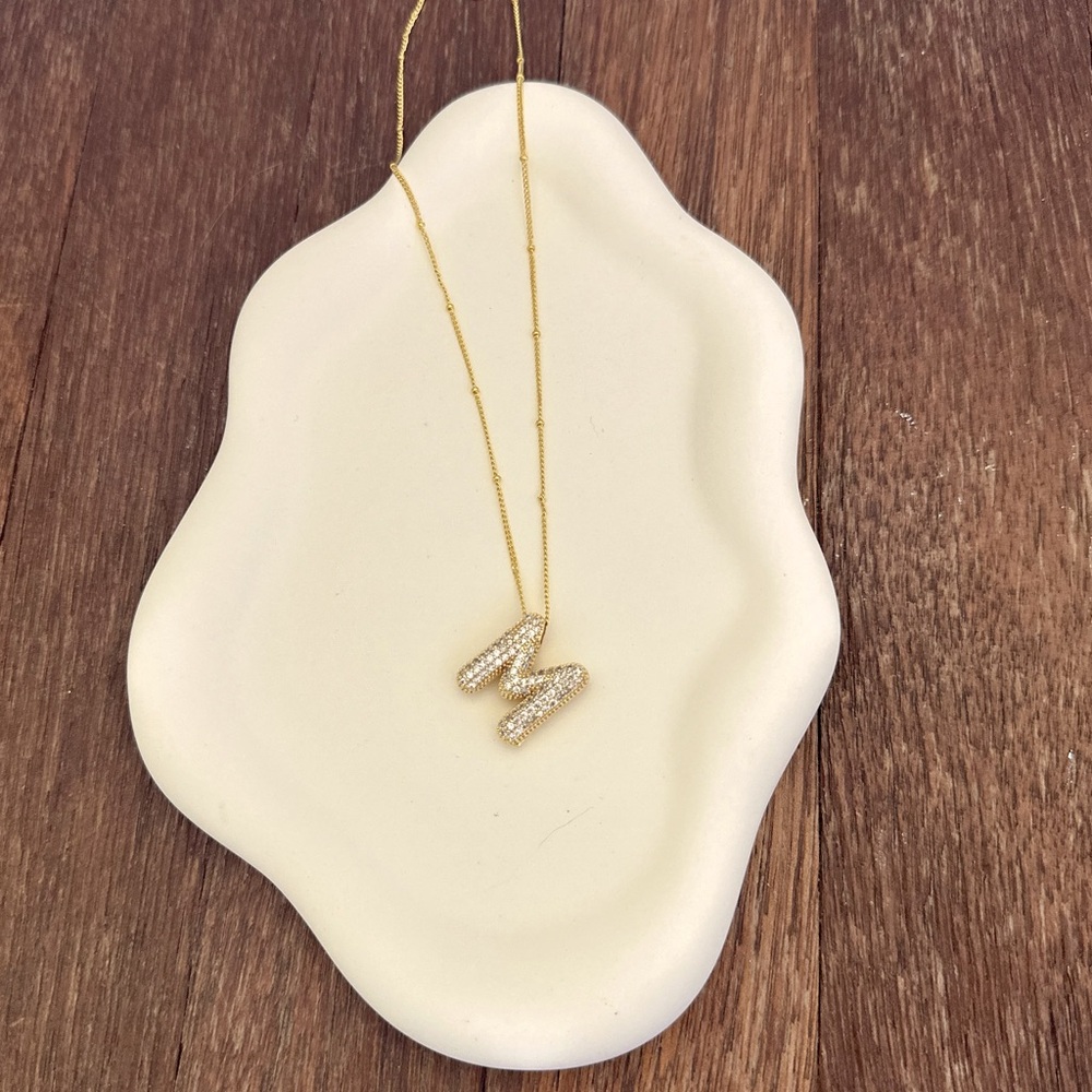 Gold Bubble Letter M Necklace CZ Initial Pendant Gold Tone Layering Necklace